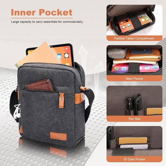 Compact Crossbody Satchel for Men - Water-Resistant Canvas for 8-10.9" Tablets - Picture 3 of 7